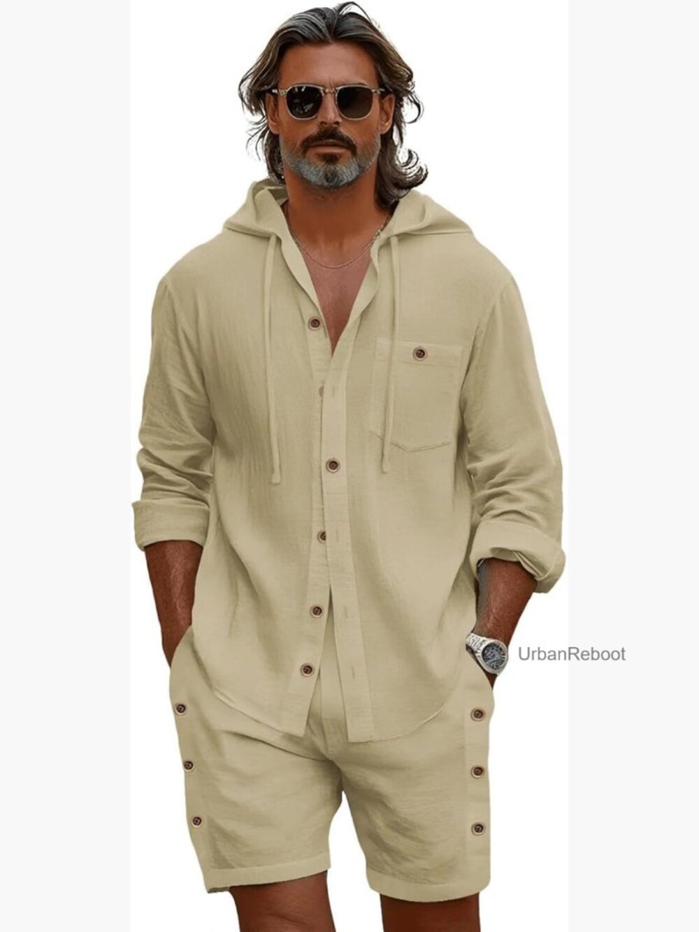Men's 2 Piece Linen Outfit Summer Set Long Sleeve Shirt & Beach Shorts
